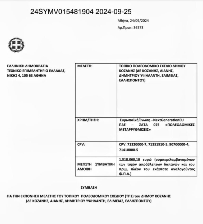 Η πολυαναμενόμενη ανάθεση της μελέτης του Τοπικού Πολεοδομικού Σχεδίου (το παλαιό ΓΠΣ) για όλο το Δήμο Κοζάνης έγινε πράξη !